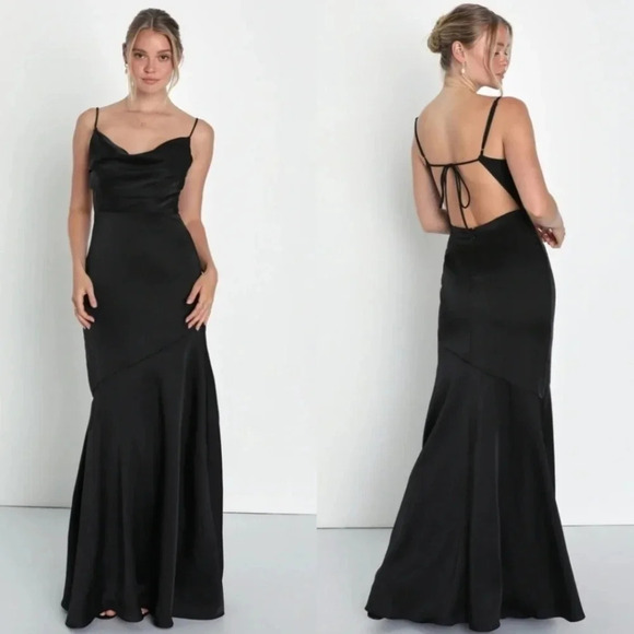 Lulus Gala Glamour Black Satin Backless Mermaid Maxi Dress Wedding Party Prom - Picture 1 of 12